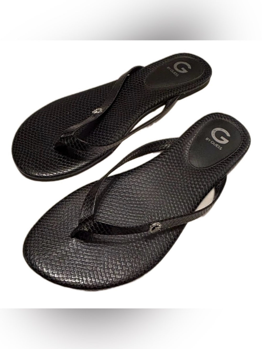 G. by Guess Black Textured Thong Flip-Flop Sandals with Rhinestone "G" — NEW! - Picture 2 of 6